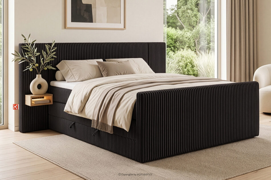LILIUM PRO Łóżko kontynentalne z szafkami nocnymi LED średniotwarde 140 cm podwójny materac + topper HR tkanina sztruks czarny czarny - zdjęcie 21