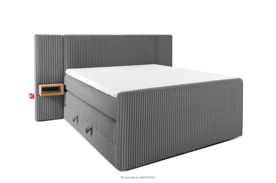 LILIUM PRO Łóżko kontynentalne z szafkami nocnymi LED średniotwarde 140 cm podwójny materac + topper HR tkanina sztruks szary szary - zdjęcie 2