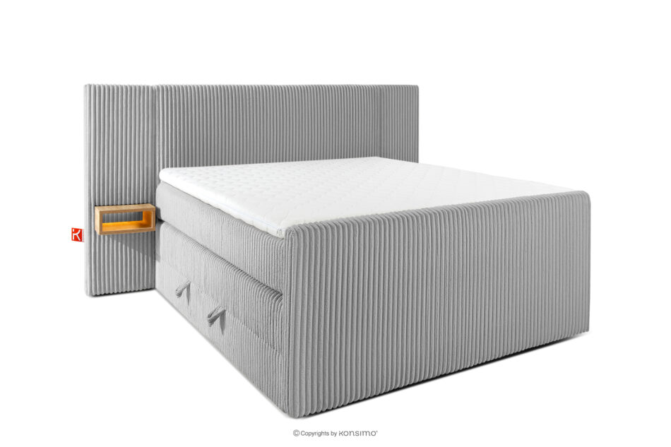 LILIUM PRO Łóżko kontynentalne z szafkami nocnymi LED średniotwarde 140 cm podwójny materac + topper HR tkanina sztruks jasny szary jasny szary - zdjęcie 0