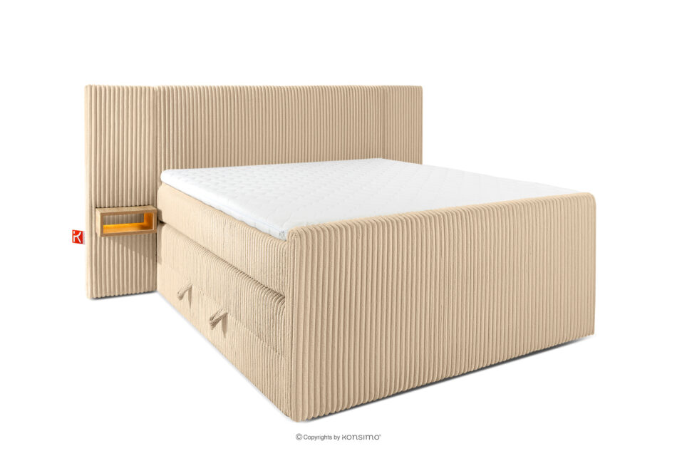 LILIUM PRO Łóżko kontynentalne z szafkami nocnymi LED średniotwarde 140 cm podwójny materac + topper HR tkanina sztruks piaskowy piaskowy - zdjęcie 0