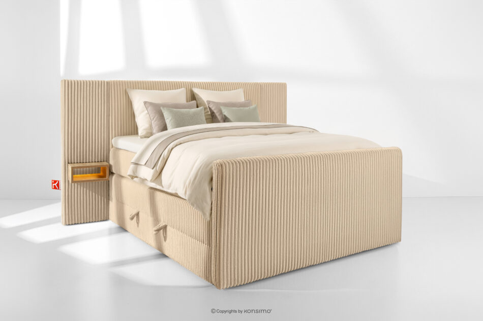 LILIUM PRO Łóżko kontynentalne z szafkami nocnymi LED średniotwarde 140 cm podwójny materac + topper HR tkanina sztruks piaskowy piaskowy - zdjęcie 1