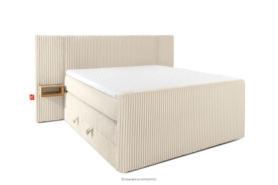 LILIUM PRO Łóżko kontynentalne z szafkami nocnymi LED średniotwarde 140 cm podwójny materac + topper HR tkanina sztruks beżowy beżowy - zdjęcie 2