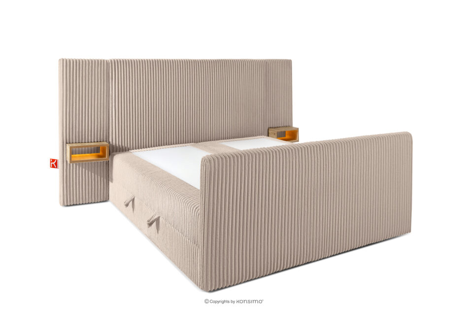 LILIUM PRO Łóżko kontynentalne z szafkami nocnymi LED średniotwarde 140 cm podwójny materac + topper HR tkanina sztruks taupe taupe - zdjęcie 4
