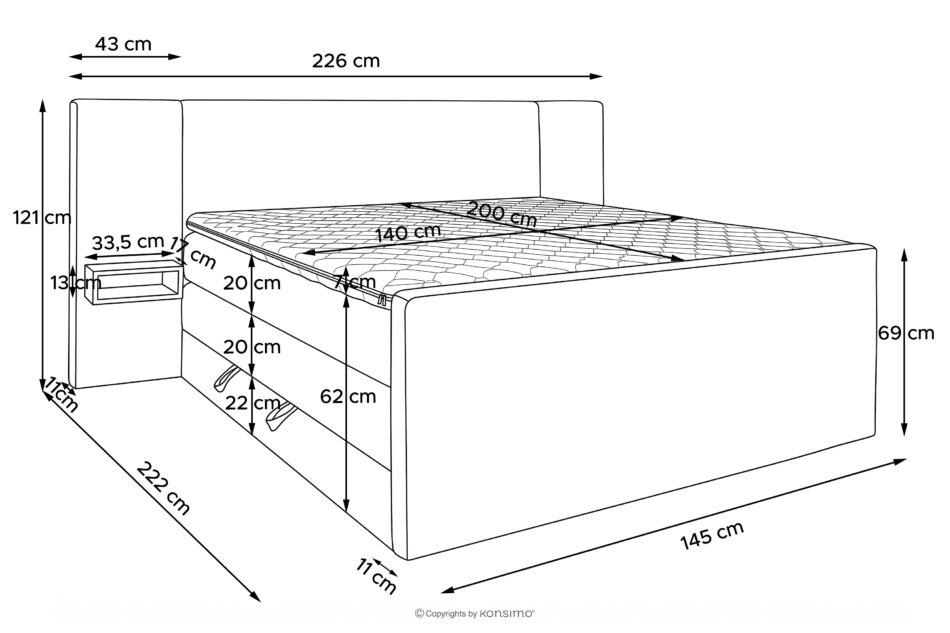 LILIUM PRO Łóżko kontynentalne z szafkami nocnymi LED średniotwarde 140 cm podwójny materac + topper HR tkanina sztruks piaskowy piaskowy - zdjęcie 24