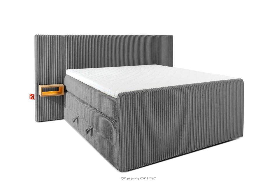 LILIUM PRO Łóżko kontynentalne z szafkami nocnymi LED średniotwarde 140 cm podwójny materac + topper Visco tkanina sztruks szary szary - zdjęcie 0