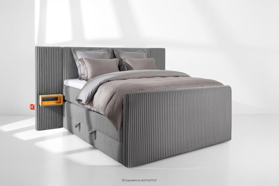 LILIUM PRO Łóżko kontynentalne z szafkami nocnymi LED średniotwarde 140 cm podwójny materac + topper Visco tkanina sztruks szary szary - zdjęcie 1