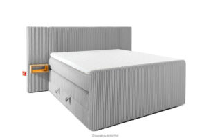 LILIUM PRO, https://konsimo.pl/kolekcja/lilium-pro/ Łóżko kontynentalne z szafkami nocnymi LED średniotwarde 140 cm podwójny materac + topper Visco tkanina sztruks jasny szary jasny szary - zdjęcie