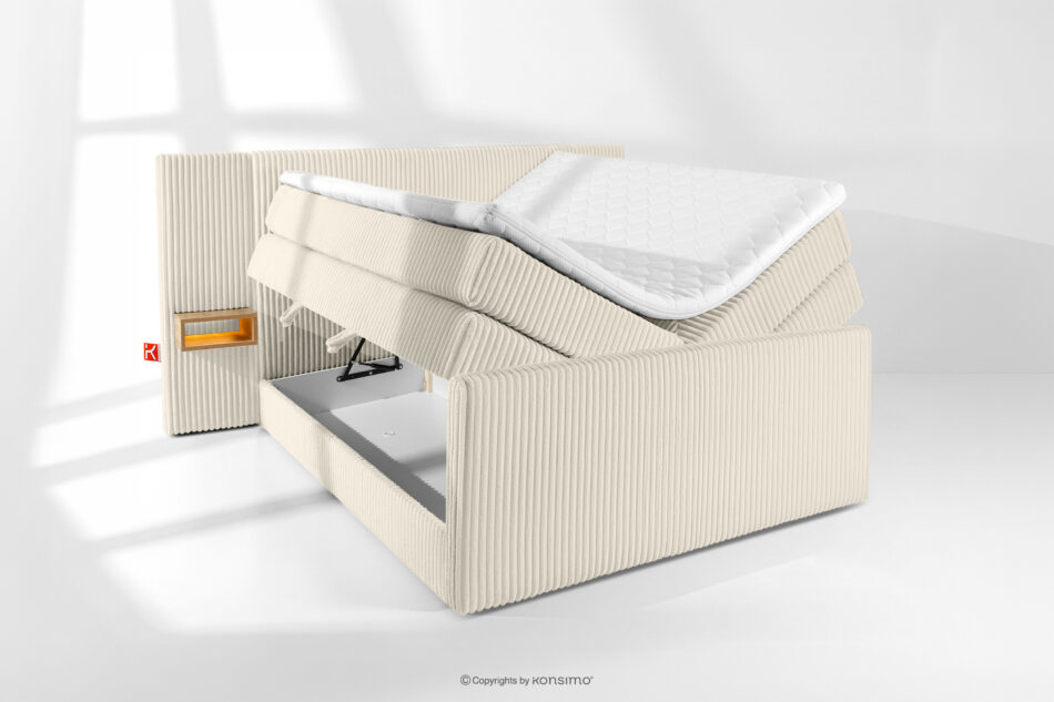 LILIUM PRO Łóżko kontynentalne z szafkami nocnymi LED średniotwarde 140 cm podwójny materac + topper Visco tkanina sztruks biały/ecru biały/ecru - zdjęcie 8
