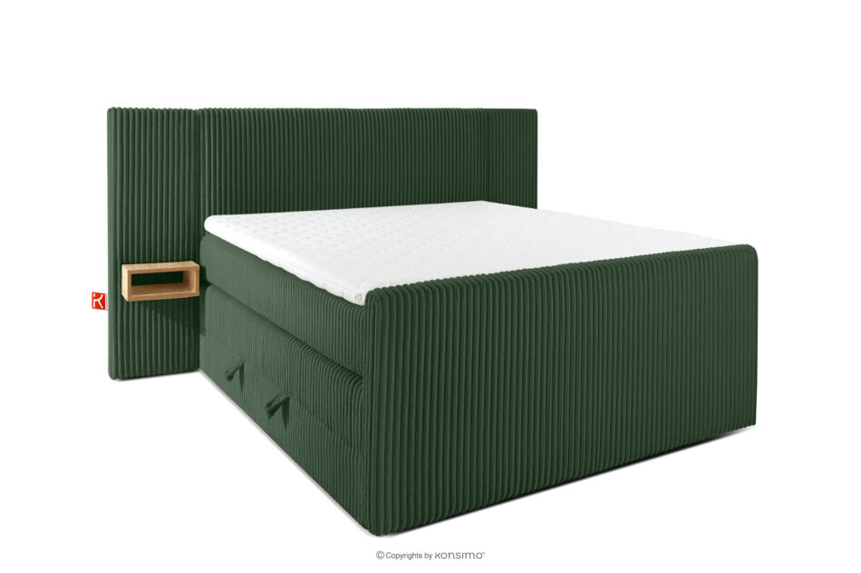 LILIUM PRO Łóżko kontynentalne z szafkami nocnymi LED średniotwarde 140 cm podwójny materac + topper Visco tkanina sztruks ciemny zielony ciemny zielony - zdjęcie 2