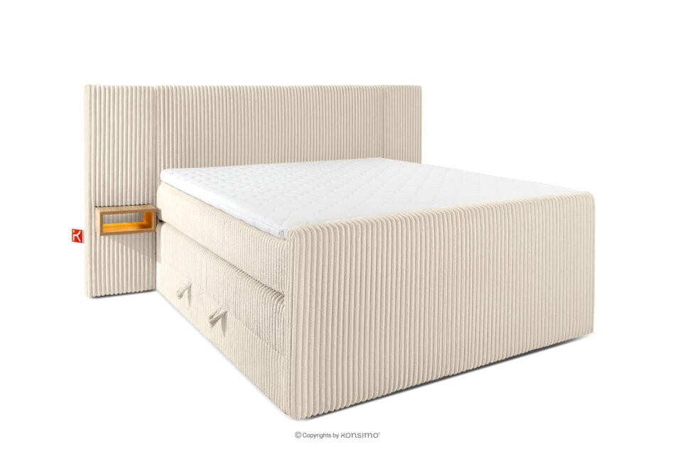 LILIUM PRO Łóżko kontynentalne z szafkami nocnymi LED średniotwarde 140 cm podwójny materac + topper Visco tkanina sztruks beżowy beżowy - zdjęcie 0