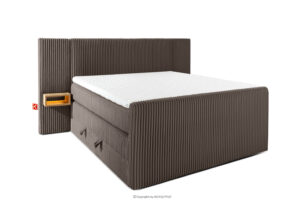 LILIUM PRO, https://konsimo.pl/kolekcja/lilium-pro/ Łóżko kontynentalne z szafkami nocnymi LED średniotwarde 140 cm podwójny materac + topper Visco tkanina sztruks brązowy brązowy - zdjęcie