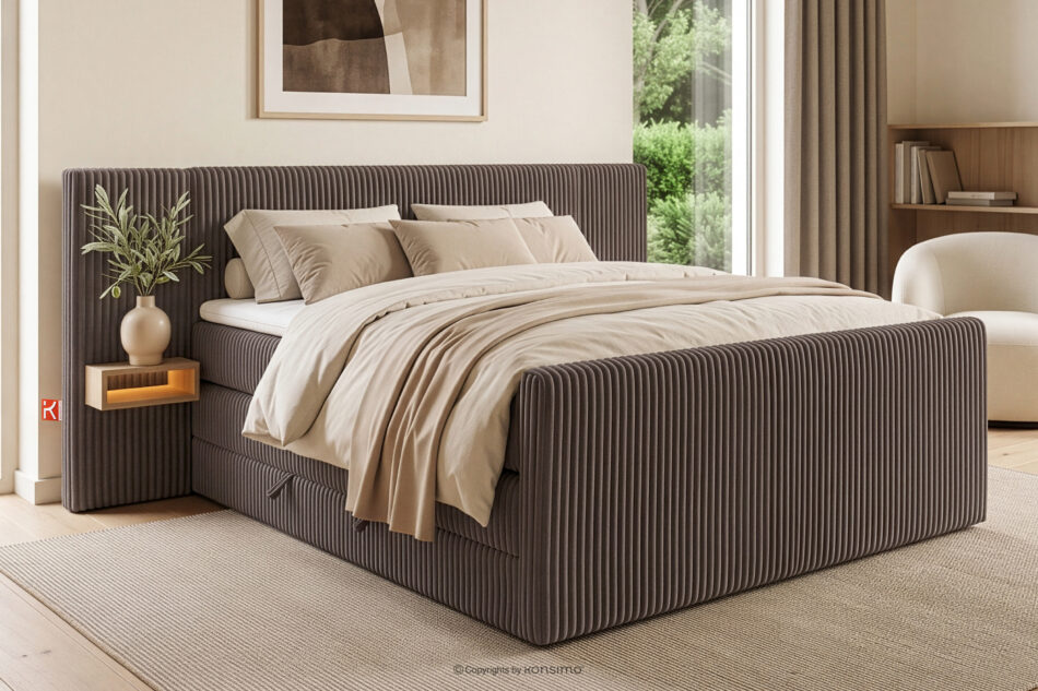 LILIUM PRO Łóżko kontynentalne z szafkami nocnymi LED średniotwarde 140 cm podwójny materac + topper Visco tkanina sztruks brązowy brązowy - zdjęcie 21