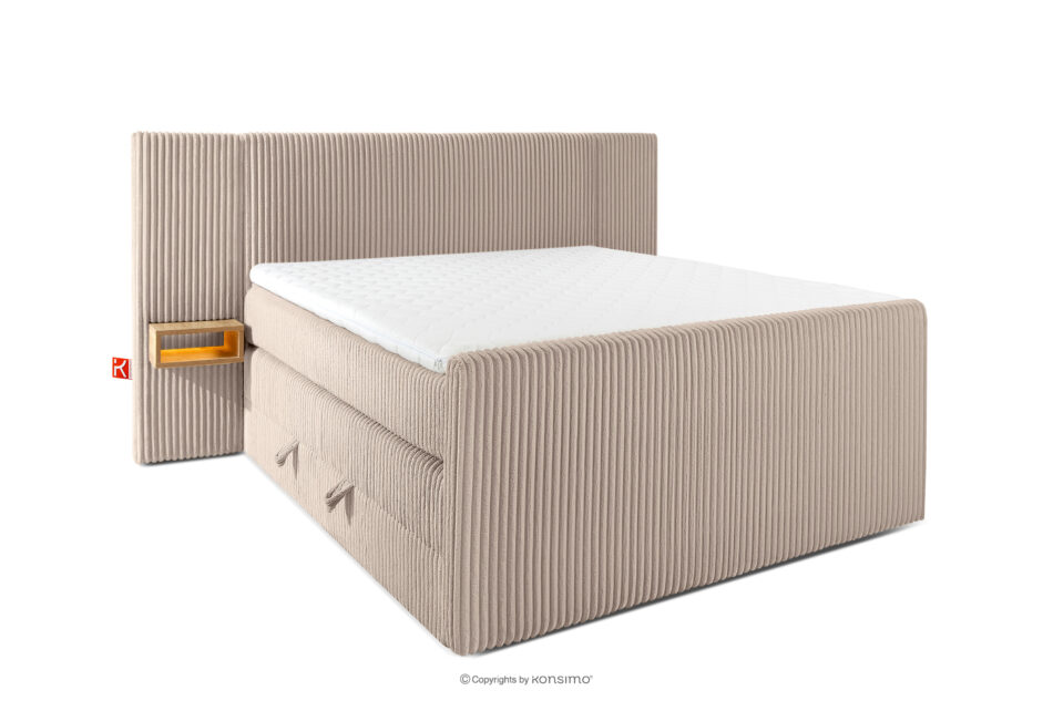 LILIUM PRO Łóżko kontynentalne z szafkami nocnymi LED średniotwarde 140 cm podwójny materac + topper Visco tkanina sztruks taupe taupe - zdjęcie 0