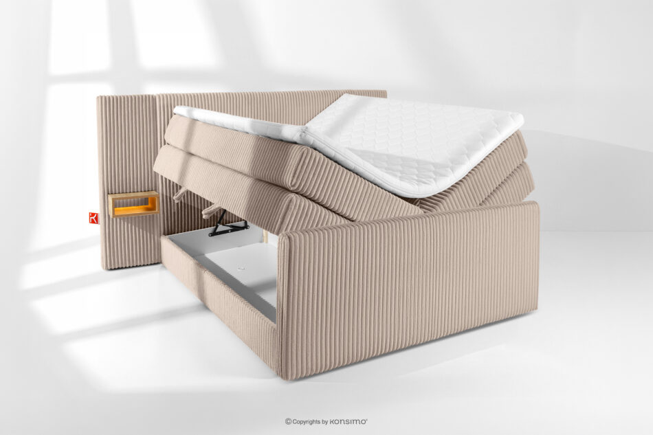 LILIUM PRO Łóżko kontynentalne z szafkami nocnymi LED średniotwarde 140 cm podwójny materac + topper Visco tkanina sztruks taupe taupe - zdjęcie 8