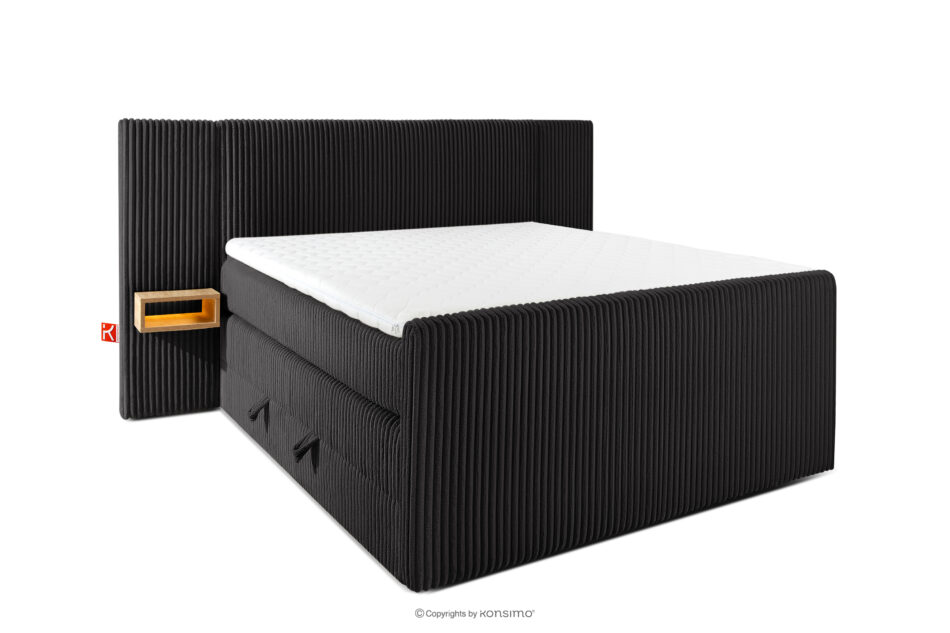 LILIUM PRO Łóżko kontynentalne z szafkami nocnymi LED twarde 140 cm podwójny materac + topper HR tkanina sztruks czarny czarny - zdjęcie 0