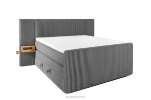 LILIUM PRO, https://konsimo.pl/kolekcja/lilium-pro/ Łóżko kontynentalne z szafkami nocnymi LED twarde 140 cm podwójny materac + topper HR tkanina sztruks szary szary - zdjęcie