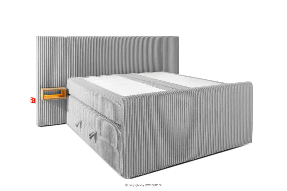 LILIUM PRO Łóżko kontynentalne z szafkami nocnymi LED twarde 140 cm podwójny materac + topper HR tkanina sztruks jasny szary jasny szary - zdjęcie 3