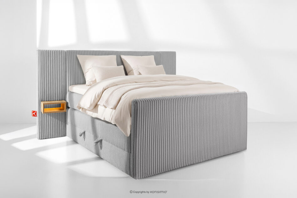 LILIUM PRO Łóżko kontynentalne z szafkami nocnymi LED twarde 140 cm podwójny materac + topper HR tkanina sztruks jasny szary jasny szary - zdjęcie 1