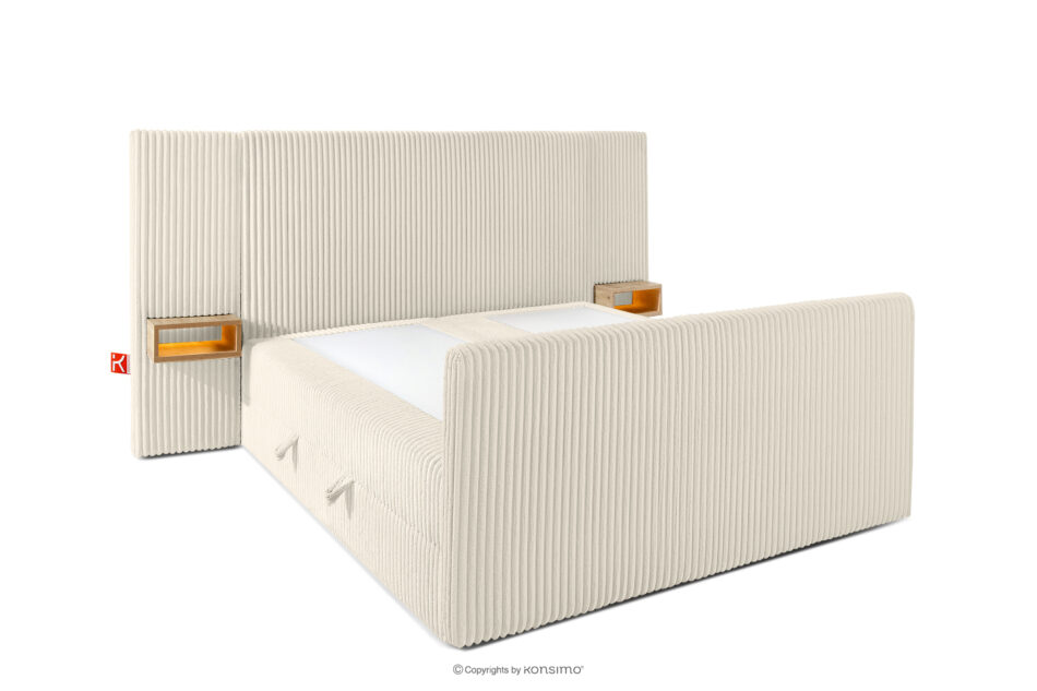 LILIUM PRO Łóżko kontynentalne z szafkami nocnymi LED twarde 140 cm podwójny materac + topper HR tkanina sztruks biały/ecru biały/ecru - zdjęcie 4