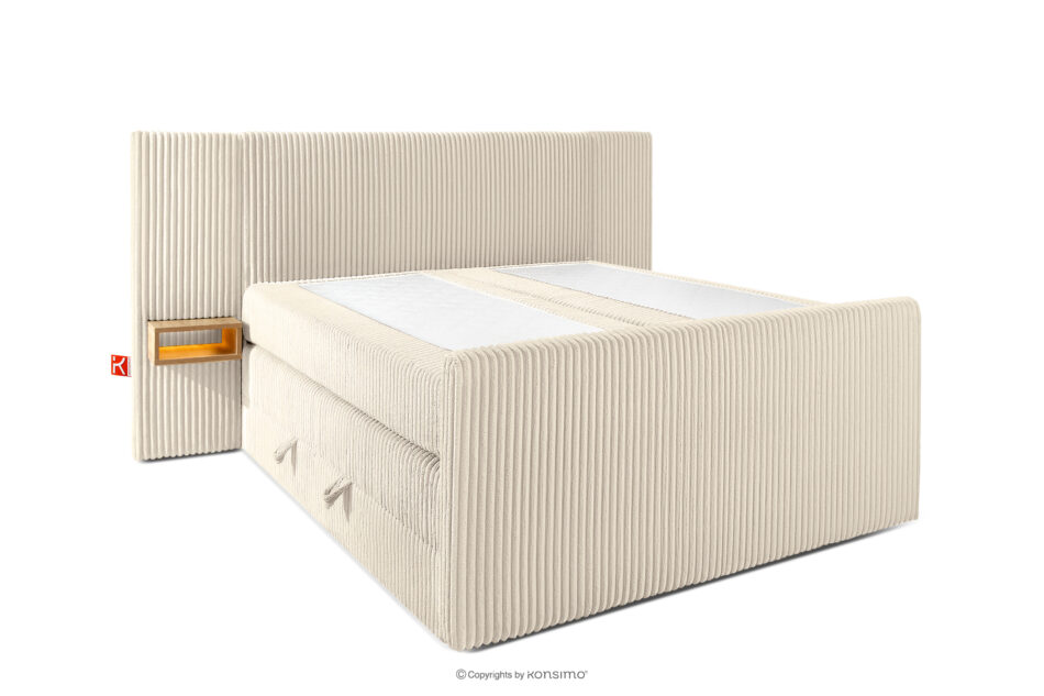 LILIUM PRO Łóżko kontynentalne z szafkami nocnymi LED twarde 140 cm podwójny materac + topper HR tkanina sztruks beżowy beżowy - zdjęcie 3