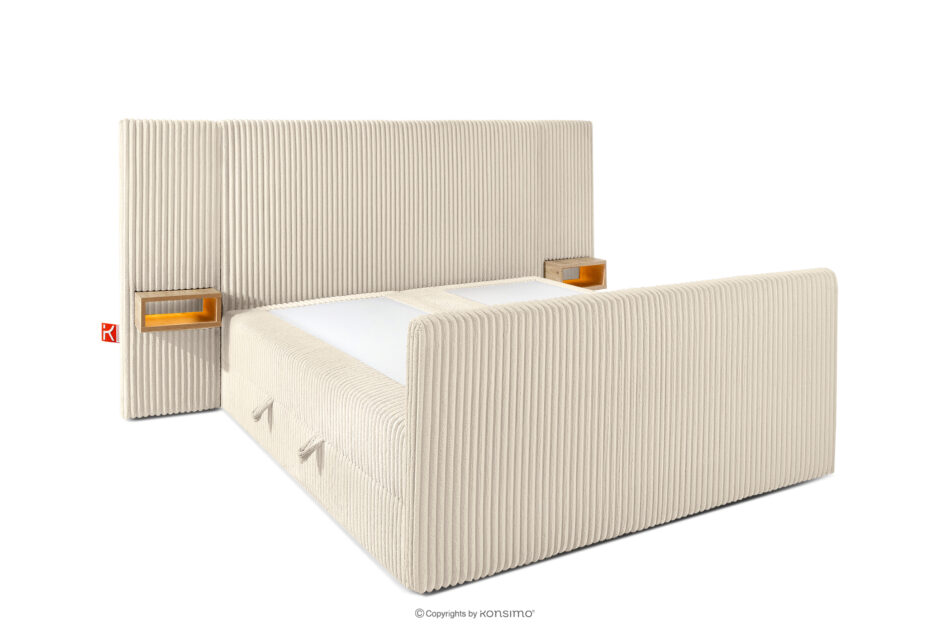 LILIUM PRO Łóżko kontynentalne z szafkami nocnymi LED twarde 140 cm podwójny materac + topper HR tkanina sztruks beżowy beżowy - zdjęcie 4