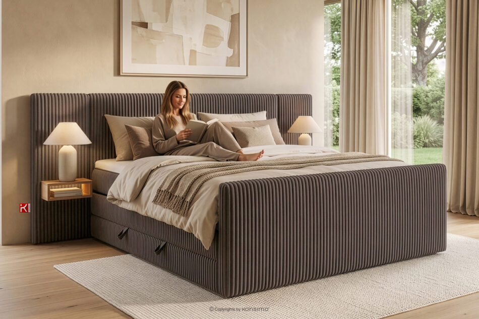 LILIUM PRO Łóżko kontynentalne z szafkami nocnymi LED twarde 140 cm podwójny materac + topper HR tkanina sztruks brązowy brązowy - zdjęcie 22