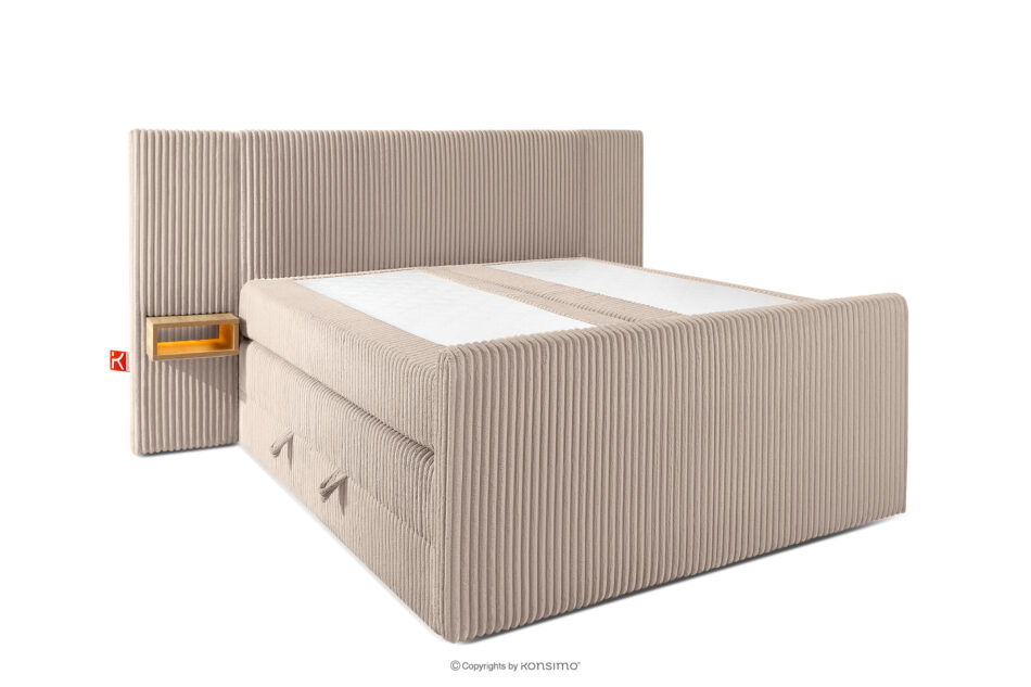LILIUM PRO Łóżko kontynentalne z szafkami nocnymi LED twarde 140 cm podwójny materac + topper HR tkanina sztruks taupe taupe - zdjęcie 3
