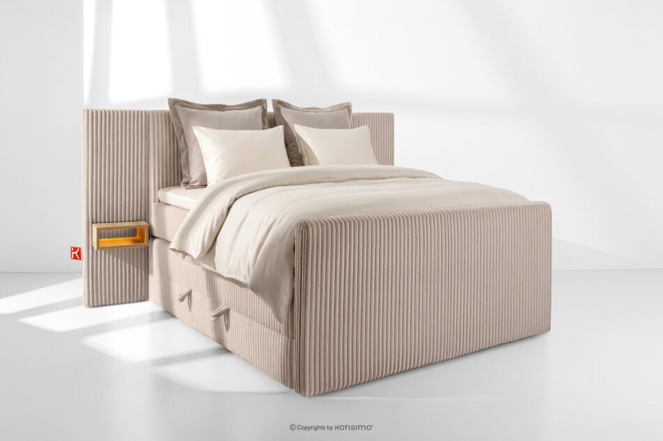 LILIUM PRO Łóżko kontynentalne z szafkami nocnymi LED twarde 140 cm podwójny materac + topper HR tkanina sztruks taupe taupe - zdjęcie 1