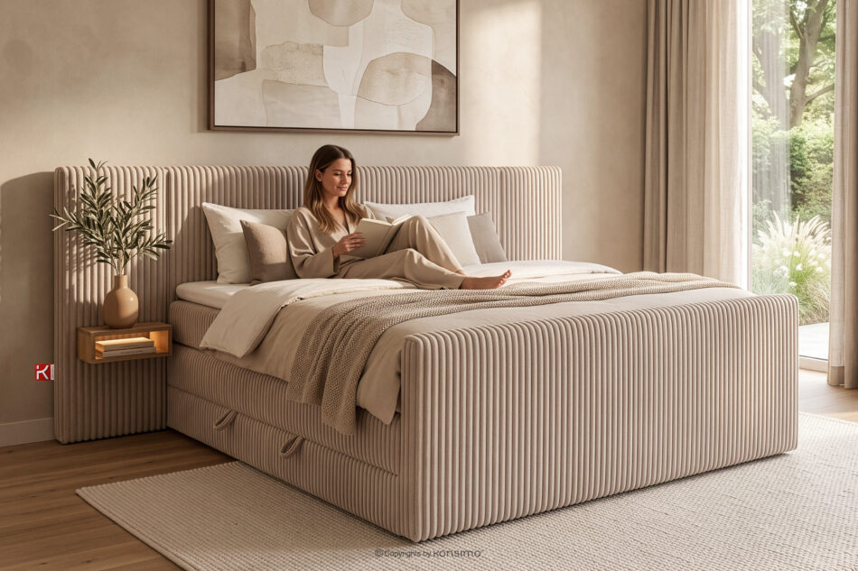 LILIUM PRO Łóżko kontynentalne z szafkami nocnymi LED twarde 140 cm podwójny materac + topper HR tkanina sztruks taupe taupe - zdjęcie 22