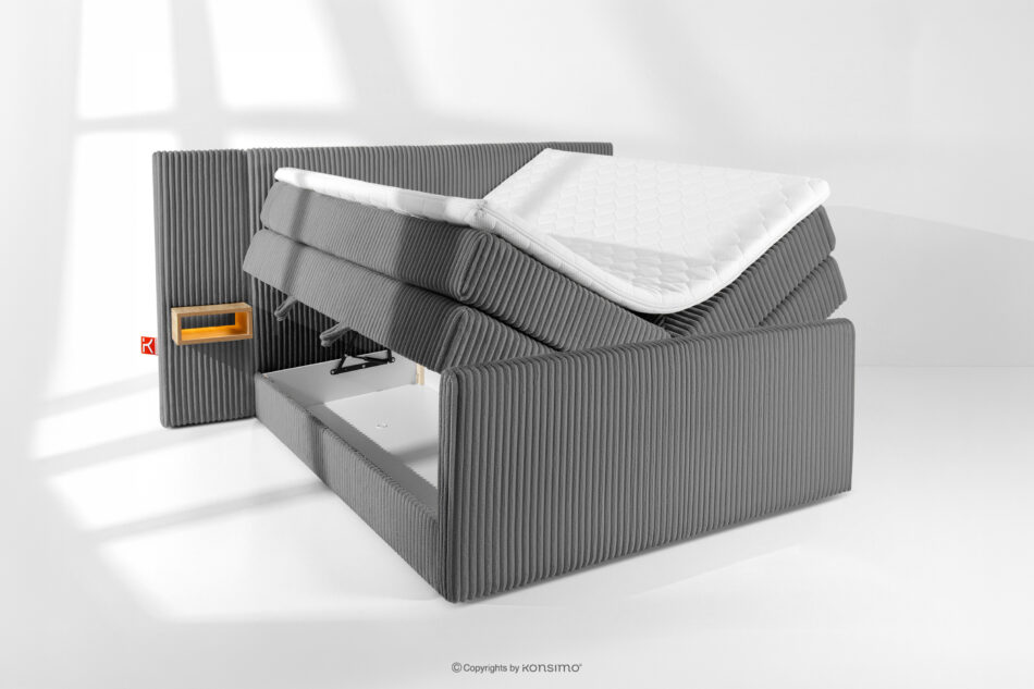 LILIUM PRO Łóżko kontynentalne z szafkami nocnymi LED twarde 140 cm podwójny materac + topper Visco tkanina sztruks szary szary - zdjęcie 8