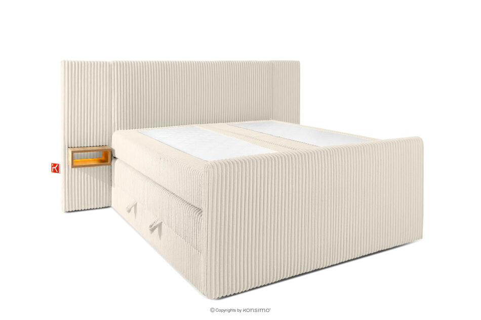 LILIUM PRO Łóżko kontynentalne z szafkami nocnymi LED twarde 140 cm podwójny materac + topper Visco tkanina sztruks biały/ecru biały/ecru - zdjęcie 3