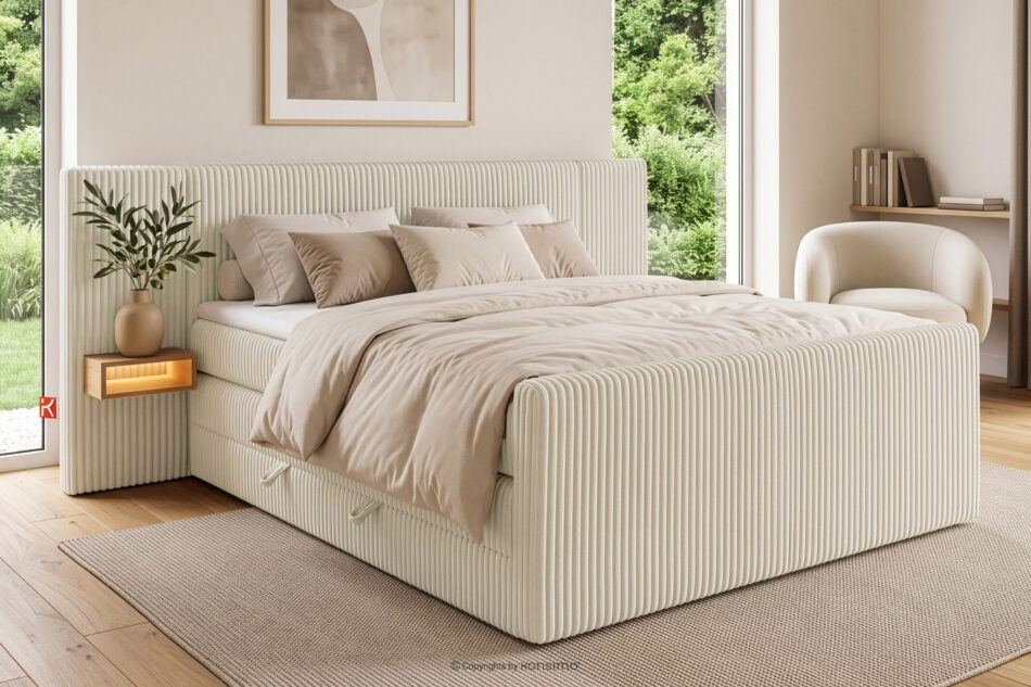 LILIUM PRO Łóżko kontynentalne z szafkami nocnymi LED twarde 140 cm podwójny materac + topper Visco tkanina sztruks biały/ecru biały/ecru - zdjęcie 21