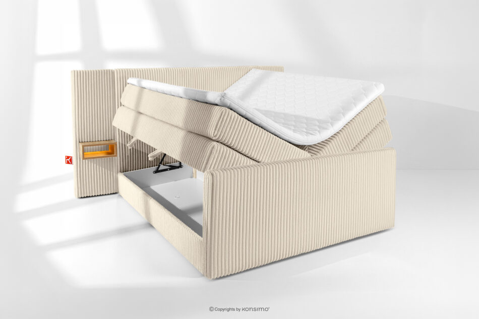LILIUM PRO Łóżko kontynentalne z szafkami nocnymi LED twarde 140 cm podwójny materac + topper Visco tkanina sztruks beżowy beżowy - zdjęcie 8