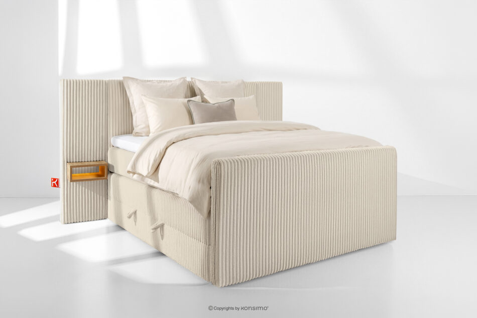LILIUM PRO Łóżko kontynentalne z szafkami nocnymi LED twarde 140 cm podwójny materac + topper Visco tkanina sztruks beżowy beżowy - zdjęcie 1