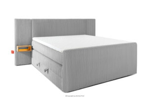 LILIUM PRO, https://konsimo.pl/kolekcja/lilium-pro/ Łóżko kontynentalne z szafkami nocnymi LED średniotwarde 160 cm podwójny materac + topper HR tkanina sztruks jasny szary jasny szary - zdjęcie