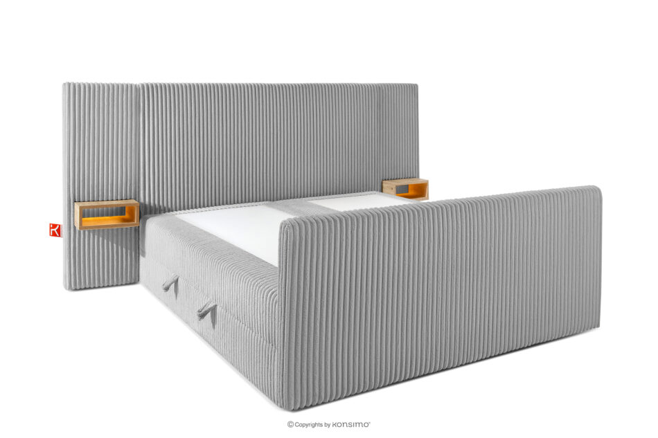 LILIUM PRO Łóżko kontynentalne z szafkami nocnymi LED średniotwarde 160 cm podwójny materac + topper HR tkanina sztruks jasny szary jasny szary - zdjęcie 4