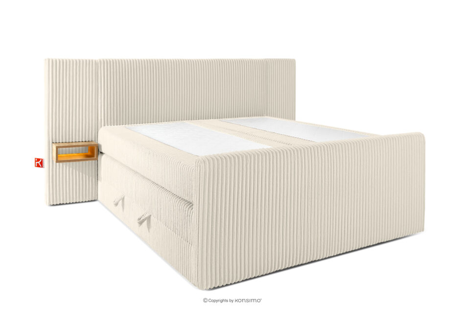 LILIUM PRO Łóżko kontynentalne z szafkami nocnymi LED średniotwarde 160 cm podwójny materac + topper HR tkanina sztruks biały/ecru biały/ecru - zdjęcie 3