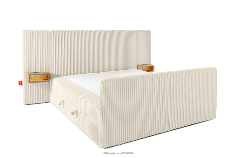 LILIUM PRO Łóżko kontynentalne z szafkami nocnymi LED średniotwarde 160 cm podwójny materac + topper HR tkanina sztruks biały/ecru biały/ecru - zdjęcie 4