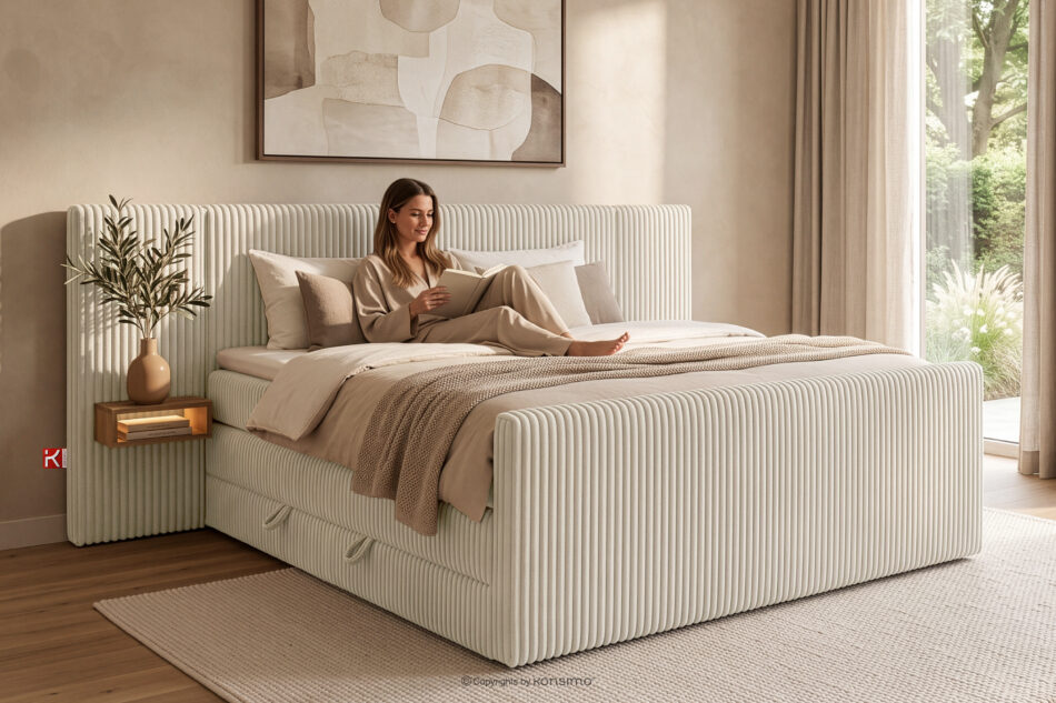 LILIUM PRO Łóżko kontynentalne z szafkami nocnymi LED średniotwarde 160 cm podwójny materac + topper HR tkanina sztruks biały/ecru biały/ecru - zdjęcie 22