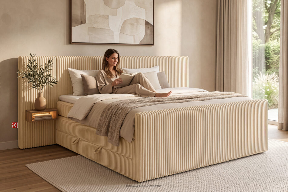 LILIUM PRO Łóżko kontynentalne z szafkami nocnymi LED średniotwarde 160 cm podwójny materac + topper HR tkanina sztruks piaskowy piaskowy - zdjęcie 22