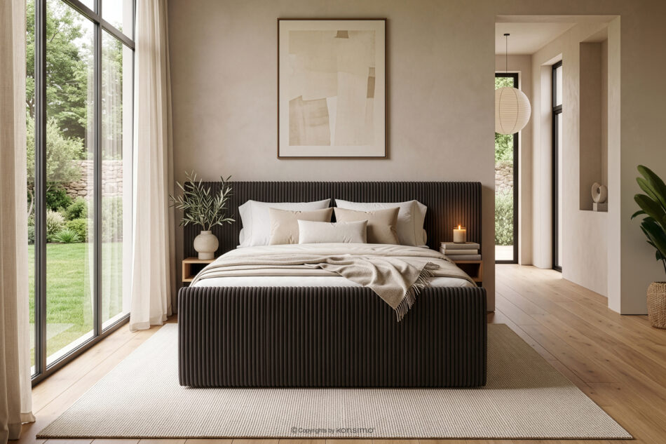 LILIUM PRO Łóżko kontynentalne z szafkami nocnymi LED średniotwarde 160 cm podwójny materac + topper HR tkanina sztruks ciemny brązowy ciemny brązowy - zdjęcie 23