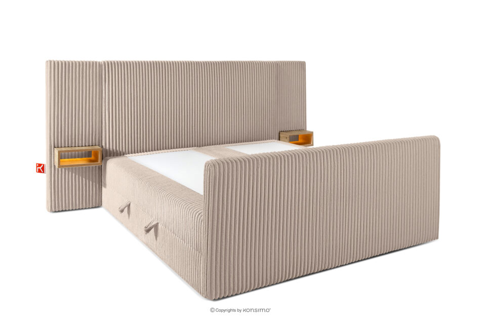 LILIUM PRO Łóżko kontynentalne z szafkami nocnymi LED średniotwarde 160 cm podwójny materac + topper HR tkanina sztruks taupe taupe - zdjęcie 4