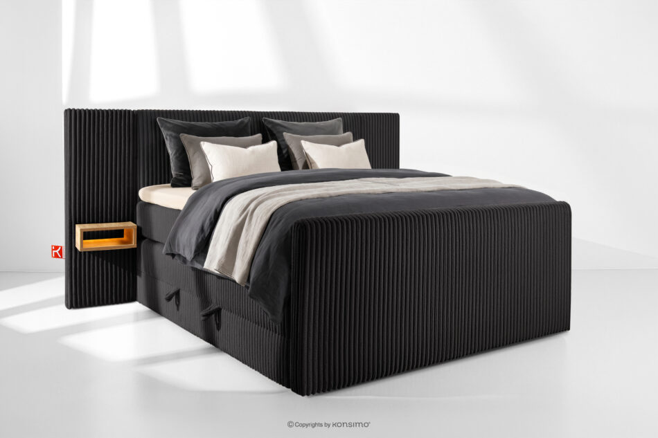 LILIUM PRO Łóżko kontynentalne z szafkami nocnymi LED średniotwarde 160 cm podwójny materac + topper Visco tkanina sztruks czarny czarny - zdjęcie 1