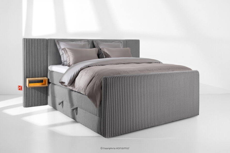 LILIUM PRO Łóżko kontynentalne z szafkami nocnymi LED średniotwarde 160 cm podwójny materac + topper Visco tkanina sztruks szary szary - zdjęcie 1