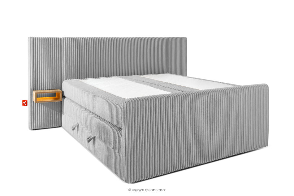 LILIUM PRO Łóżko kontynentalne z szafkami nocnymi LED średniotwarde 160 cm podwójny materac + topper Visco tkanina sztruks jasny szary jasny szary - zdjęcie 3