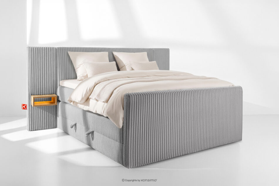 LILIUM PRO Łóżko kontynentalne z szafkami nocnymi LED średniotwarde 160 cm podwójny materac + topper Visco tkanina sztruks jasny szary jasny szary - zdjęcie 1