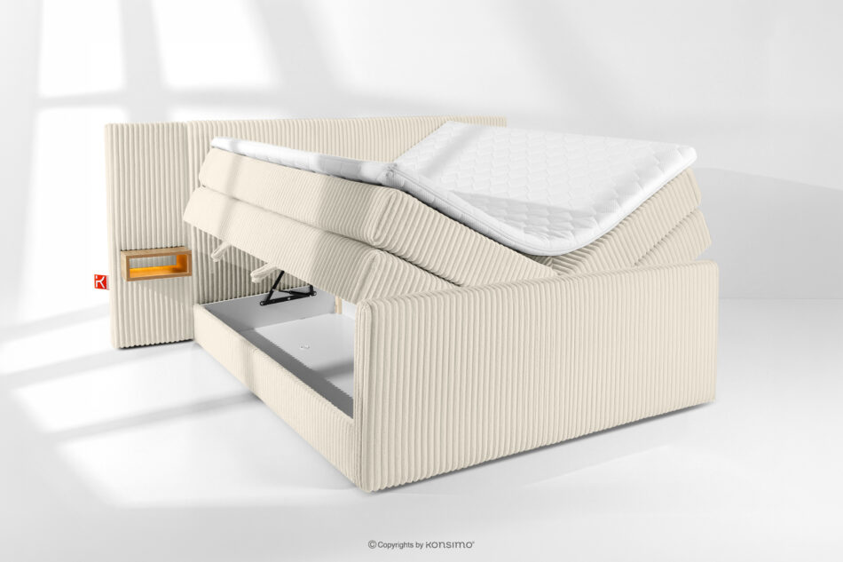 LILIUM PRO Łóżko kontynentalne z szafkami nocnymi LED średniotwarde 160 cm podwójny materac + topper Visco tkanina sztruks biały/ecru biały/ecru - zdjęcie 8