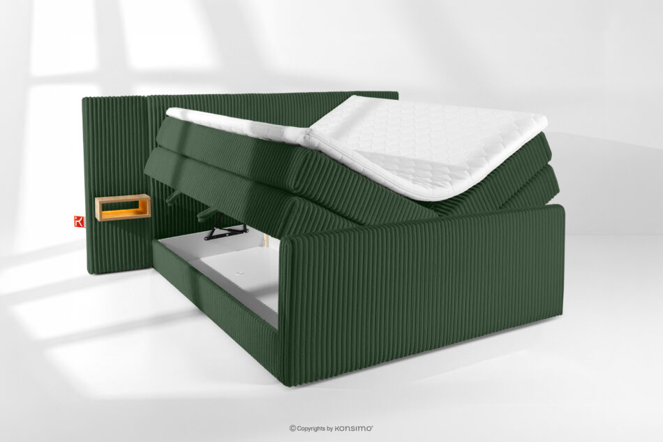 LILIUM PRO Łóżko kontynentalne z szafkami nocnymi LED średniotwarde 160 cm podwójny materac + topper Visco tkanina sztruks ciemny zielony ciemny zielony - zdjęcie 8