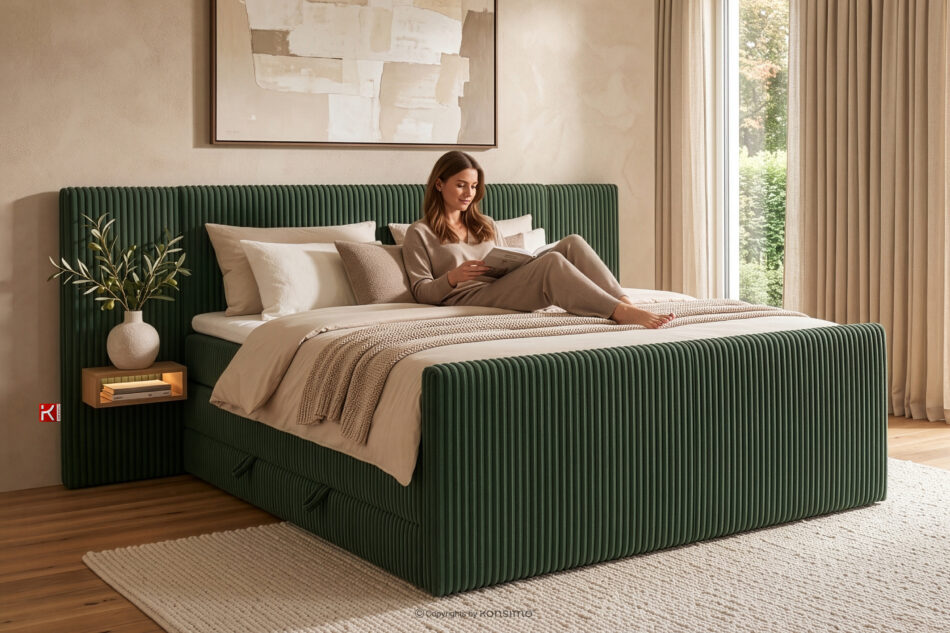 LILIUM PRO Łóżko kontynentalne z szafkami nocnymi LED średniotwarde 160 cm podwójny materac + topper Visco tkanina sztruks ciemny zielony ciemny zielony - zdjęcie 22