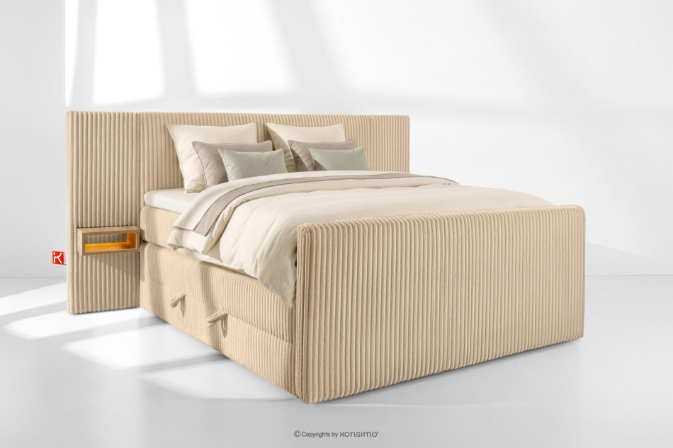 LILIUM PRO Łóżko kontynentalne z szafkami nocnymi LED średniotwarde 160 cm podwójny materac + topper Visco tkanina sztruks piaskowy piaskowy - zdjęcie 1